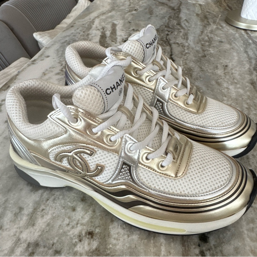 100% Authentic Chanel Gold Silver metallic sneakers  Size 9 / 40- Worn 1x
